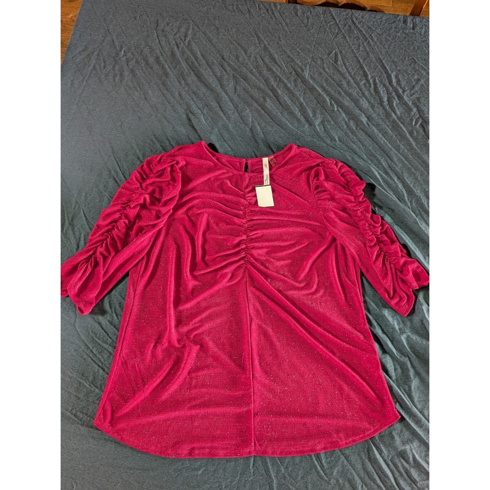 NY Collection Women Blouse 2X Pink Sparkle Dressy Top Pullover Ruched 3/4 sleeve